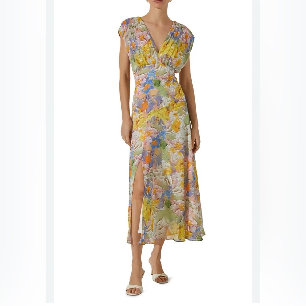 ASTR The Label Midi Dress multi-color Floral Print Tie Front Slit SMALL-FLAW